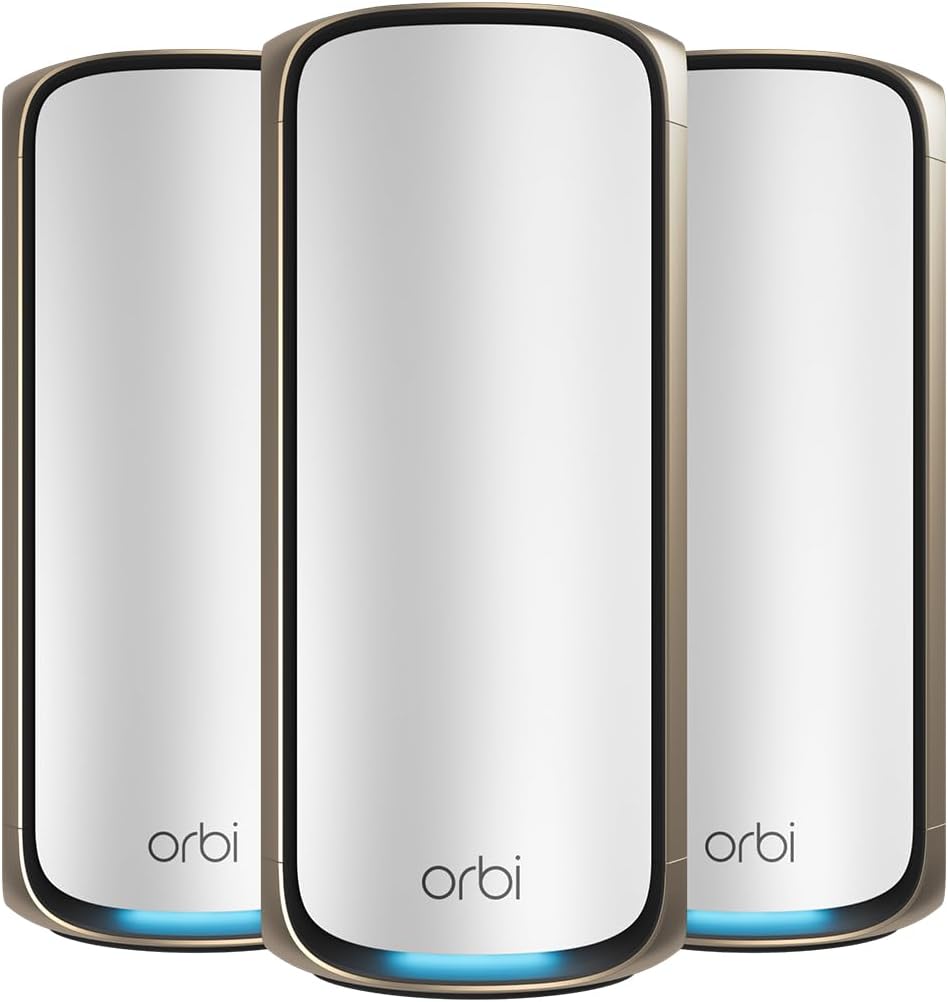 NETGEAR Orbi Quad-band WiFi 7 Mesh System (RBE973S), WiFi 7 Router Plus 2 Satellite Extenders ,