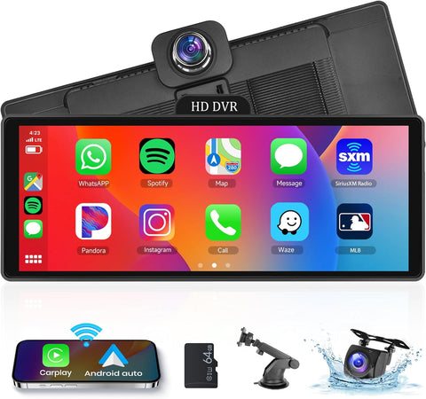 Portable Car Radio 10.26'' Portable Wireless Apple Carplay Screen with Dash Cam Backup Camera, Portable Android Auto FM Transmission Mirror Link GPS Siri Bluetooth ADAS