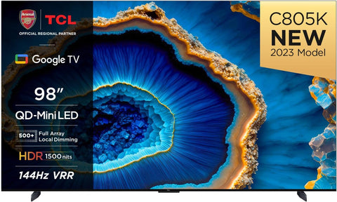 TCL 98C805K 98-inch QLED Mini LED, 4K HDR Premium 1300nits, Smart TV Powered by Google TV (Dolby Vision & Atmos, Onkyo 2.0 sound system, 144Hz Motion Clarity Pro, Hands-Free Voice Control)