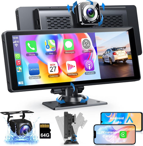 Portable Apple Carplay for Car with 4K Dash Cam, 10.26' HD IPS Screen Car Radio, Android Auto, Backup Camera, Loop Recording, Bluetooth, GPS Navigation, Mirror Link/Mic/TF/USB/AUX for All Vehicles