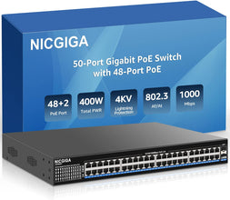 48 Port Gigabit PoE Switch Unmanaged with 48 Port IEEE802.3af/at PoE+@400W, 2 x 1G SFP