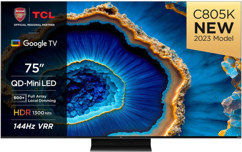 TCL 75C805K 75-inch QLED Mini LED, Full Array 4K HDR Premium 1300nits, Smart Gaming TV Powered by Google (Freesyncy Premium Pro, 144Hz Motion Clarity Pro, Dolby Vision IQ & Atmos, Onkyo sound)